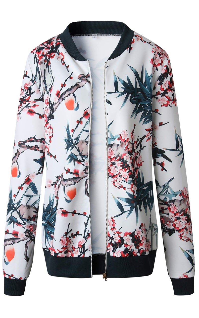 ECOWISH Women's Casual Floral Zip Up Bomber Jacket Coat Stand Collar Lightweight Short Outwear Tops Blue S 832 Blue Small - Image 5